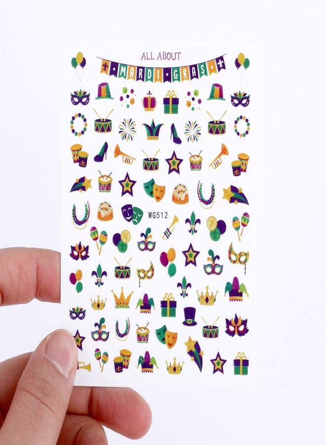 Konsait Mardi Gras Nail Art Stickers(500 Patterns), Self-Adhesive Carnival Nail Decals, Necklace Clown Crown Golden Yellow Green Nail Decoration Sticker, for Girls Women Nail Salon Gifts - Image 3